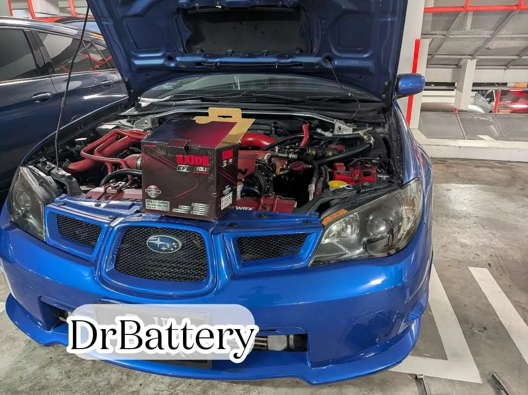 Blue Subaru with its bonnet open during DrBattery battery assistance